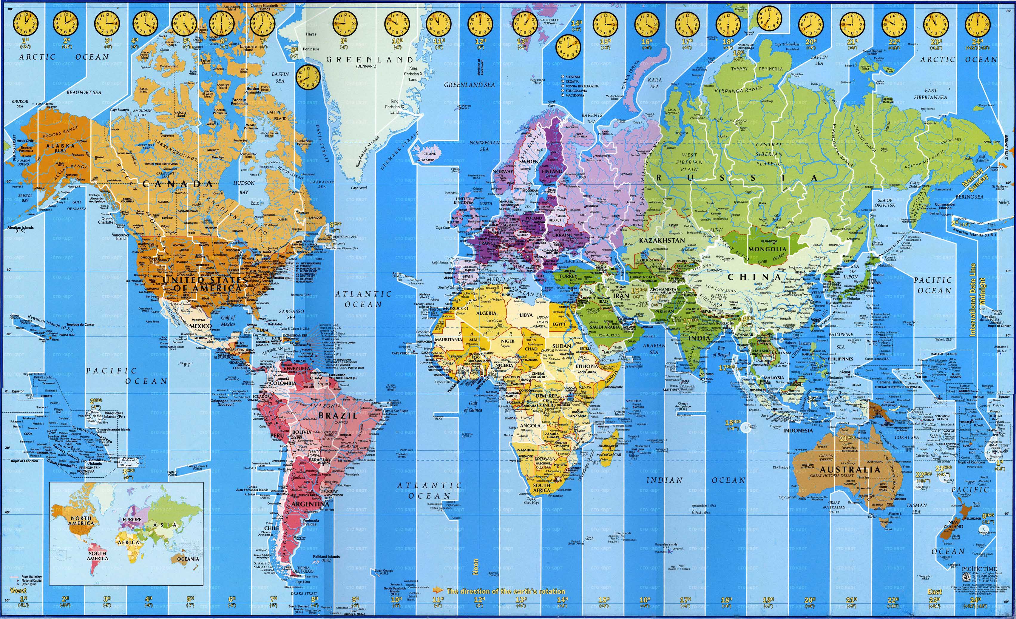 Карта мира с часовыми поясами на английском языке
